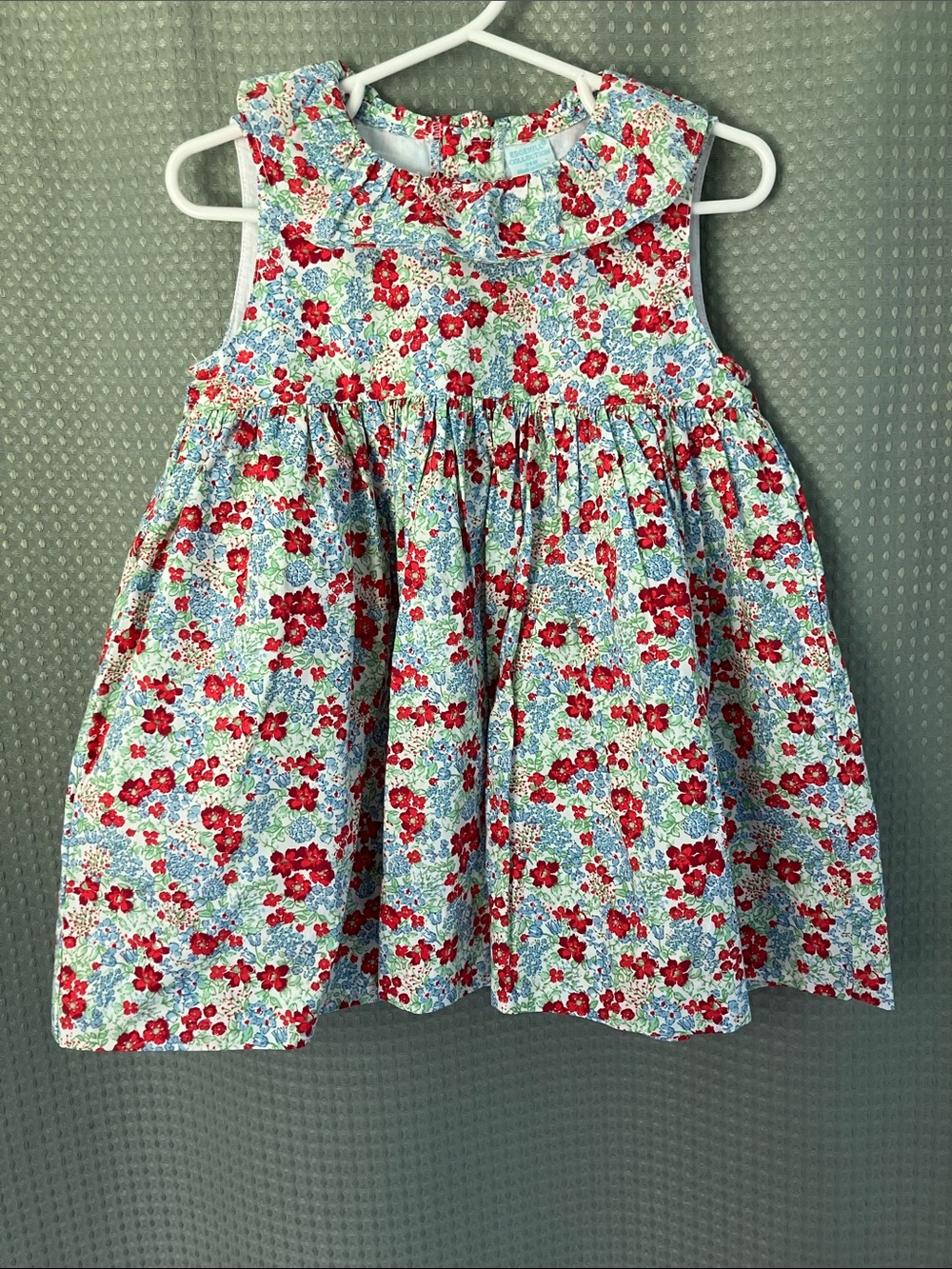 Edgehill Collection Red Floral Cotton Dress with Blue and Green Accents